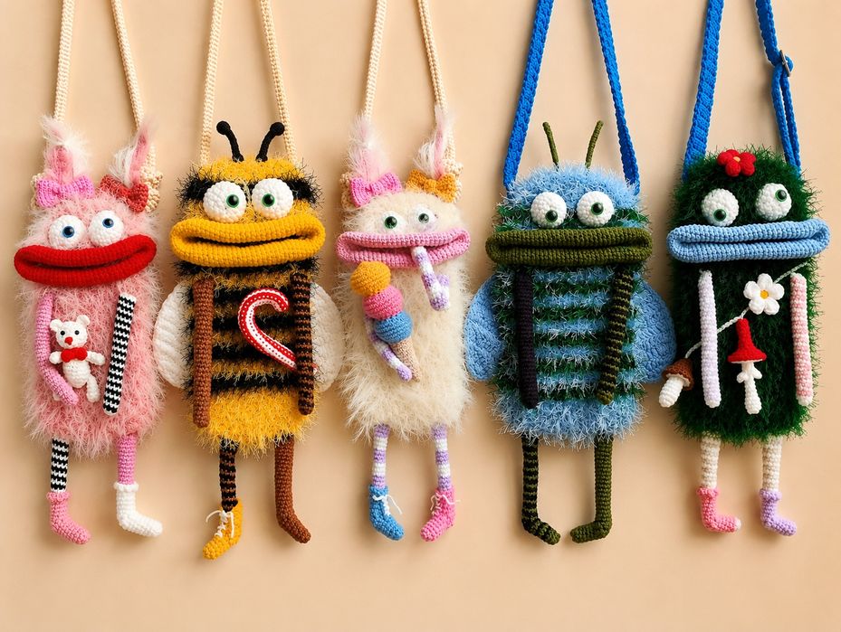 В'язана сумочка монстрик для мобільного телефону  через плече / handmade