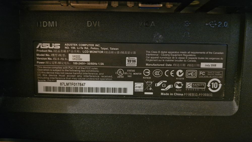 Monitor Asus VK 222, Głośniki, Kamera, HDMI,  Full HD