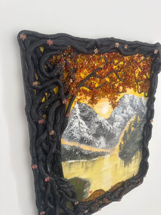 Unikatowy obraz 3D Gory w jesiennej ramie Handmade 40x52 cm