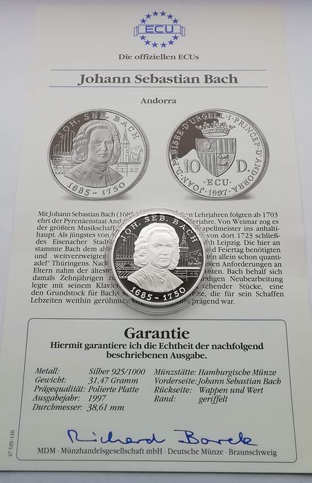 АНДОРРА. 10 дінерів 1997р. Себастьян Бах. СРІБЛО. ПРУФ! Сертифікат!