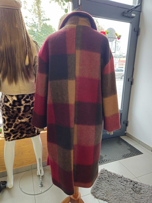 Płaszcz bordowy kratka długi, wełna r. Uni Italy !!!
