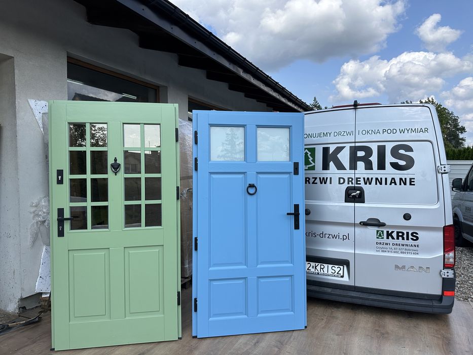 Drzwi zewnętrzne drewniane zielone niebieskie na wymiar Cała Polska