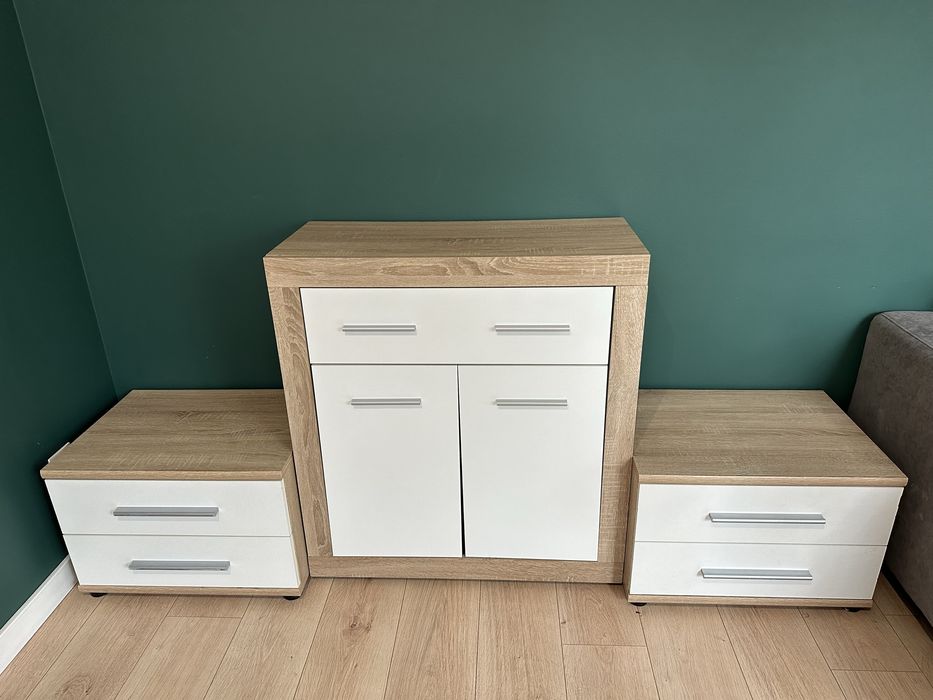 Komplet mebli do sypialni – komoda + 2 szafki nocne, dąb sonoma/biały