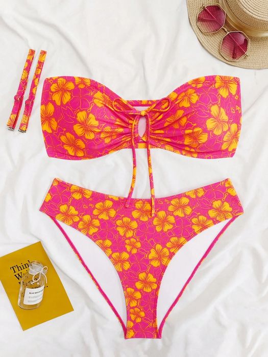 Bikini damskie bandeau wielokolorowe kwiatowe z wiązaniem SHEIN 3XL 46