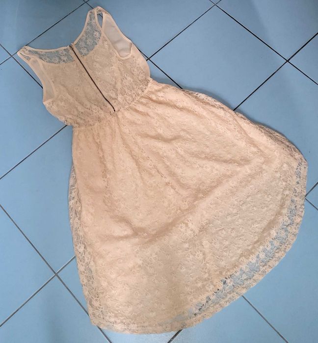 elegancka zwiewna kremowo-łososiowa KORONKI sukienka M/L 38/40 10/12