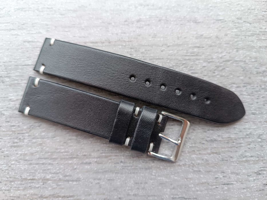 Czarny skórzany pasek zegarka 20 mm M białe nici