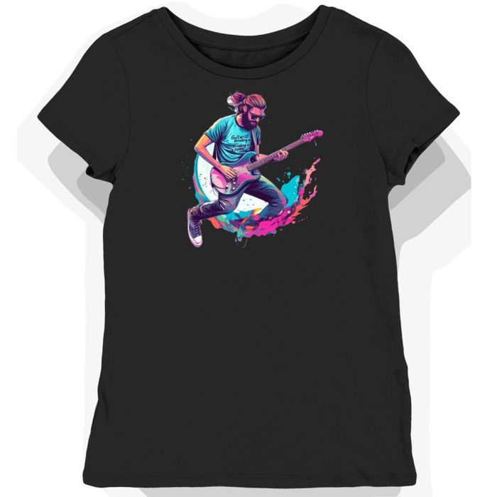 Koszulka damska czarna z nadrukiem gitarzysty dla fanów muzyki L