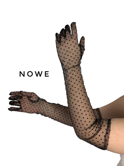 Nowe czarne eleganckie długie rękawiczki w grochy andrzejki sylwester