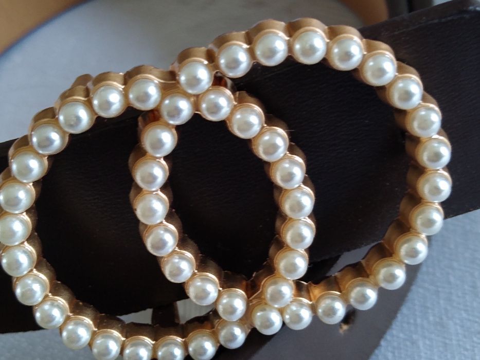 Skórzany pasek Klamra z pereł cudo 105cmX3cm