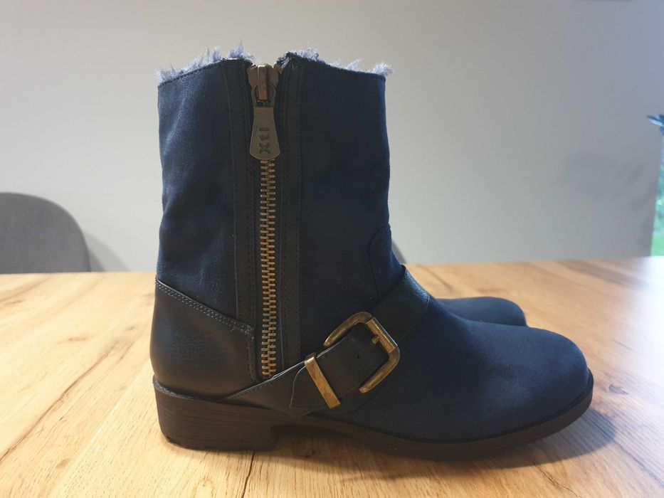 Ocieplane, granatowe botki, trapery, Xti, rozmiar 39