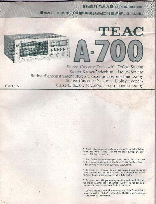 deck cassetes stereo TEAC A-700 - livro de instruçóes - muito raro