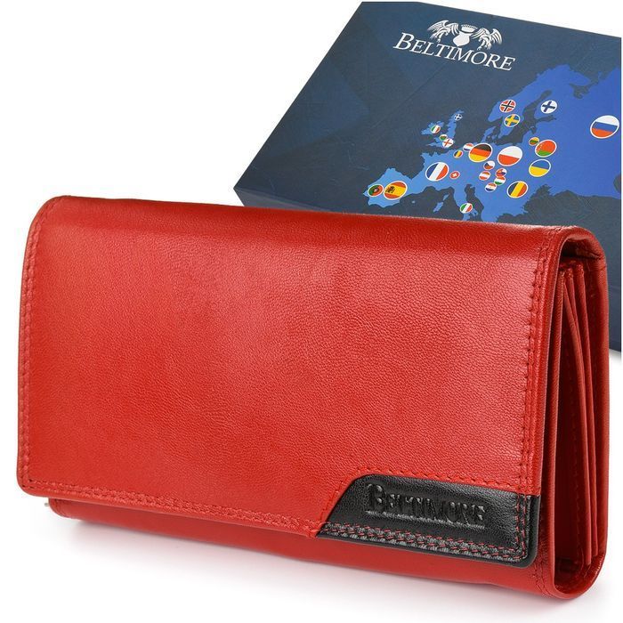 Damski skórzany portfel duży poziomy na suwak RFiD czerwony BELTIMORE