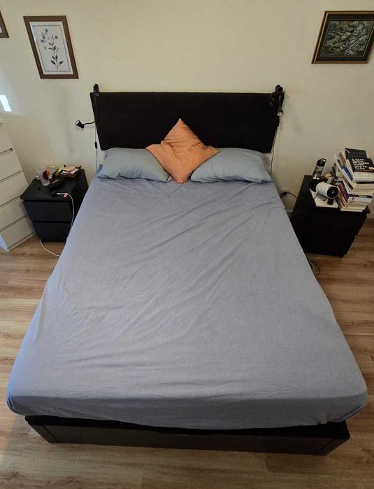 Cama casal 150x190 com arrumação, colchão e cabeceira
