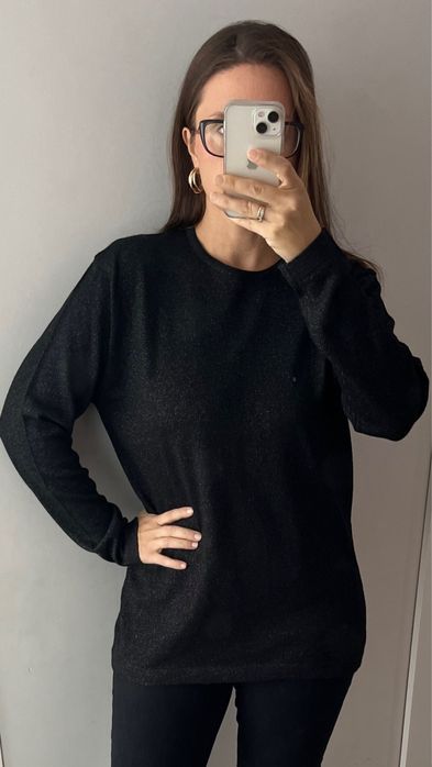 Marcel Clair czarny sweter Srebrną nitką 44/46 cienki 47% wełna merino