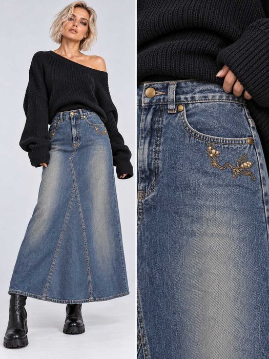 Винтажная джинсовая юбка макси, трапеция, TRADER Jeans Company эффект варки, р. S/M