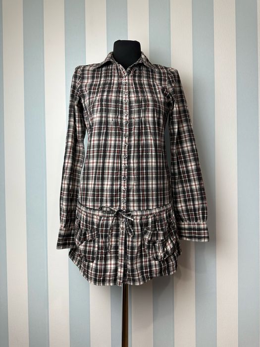 Elegancka tunika koszula z długim rękawem na guziki w kratkę 38 M