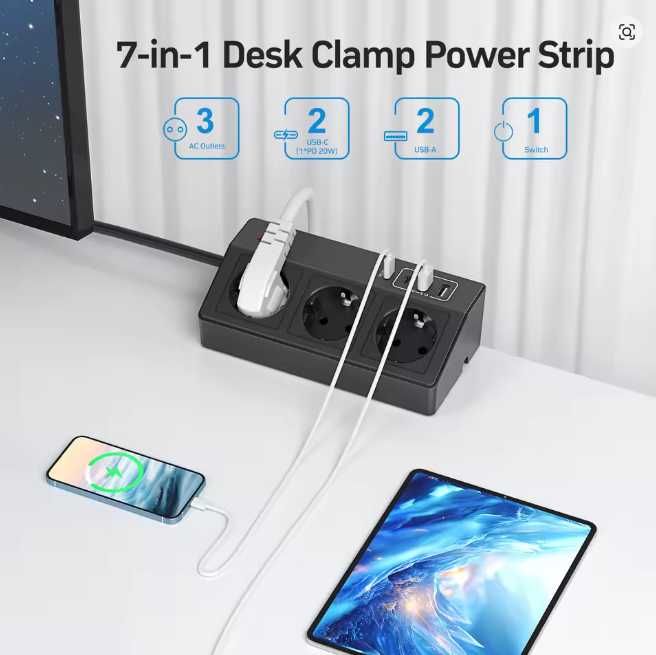 Listwa zasilająca 3 gniazda 2xUSB A i 1xUSB C PD 20W