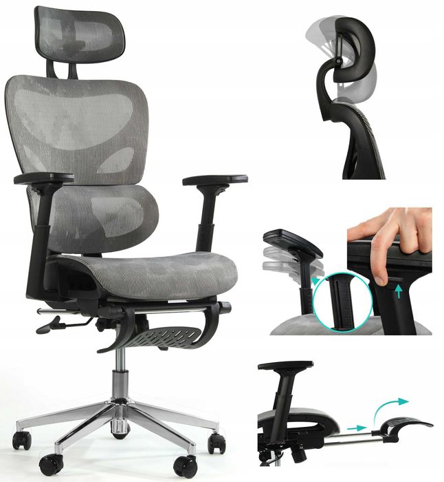 Ergonomiczny Fotel Biurowy z podnóżkiem Grafit 150 kg JAKOŚĆ PREMIUM
