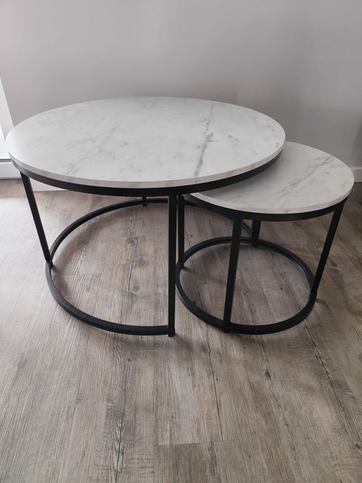 Zestaw Stolik Kawowy Okrągły 2w1 Ława Loft Biały Marmur Czarny DAFNE M