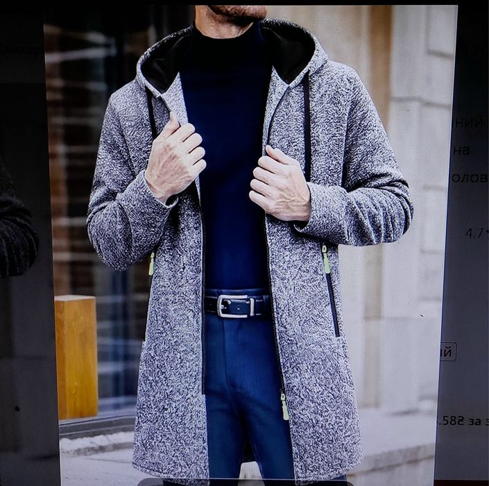 Новый тёплый мужской трикотажный кардиган с начёсом, батал 3XL, тёплая туника на молнии и с капюшоном