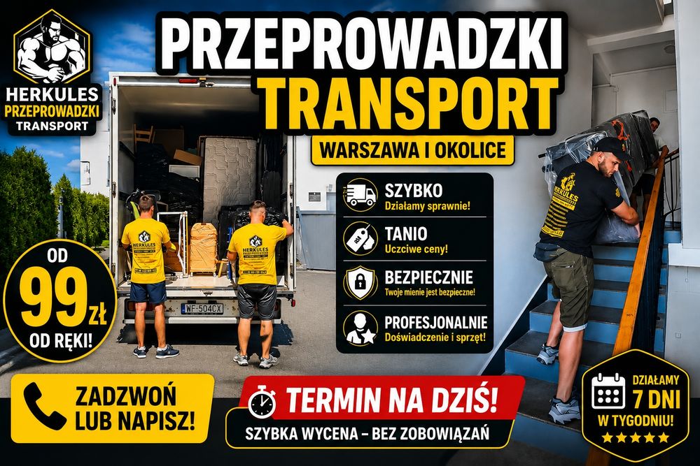 Przeprowadzka od 99 zł! Transport busem z kierowcą – szybko, bezpiecznie, 24/7 | wnoszenie, pakowanie, przewóz mebli, AGD i materiałów  Rabat!