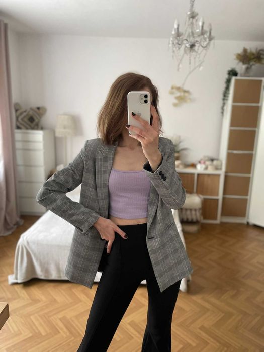 Bershka marynarka szara w kratkę jednorzędowa prosta oversize S 36