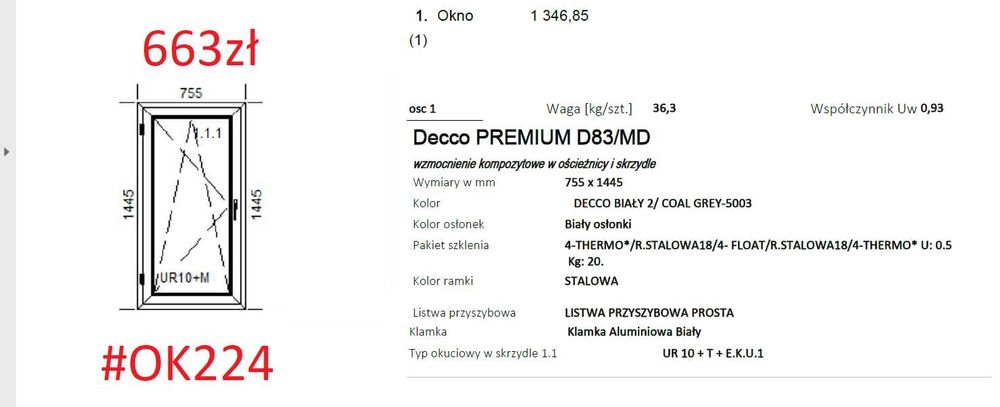 Okno 755x1445 Biały/Antracyt 3 szyby #OK224