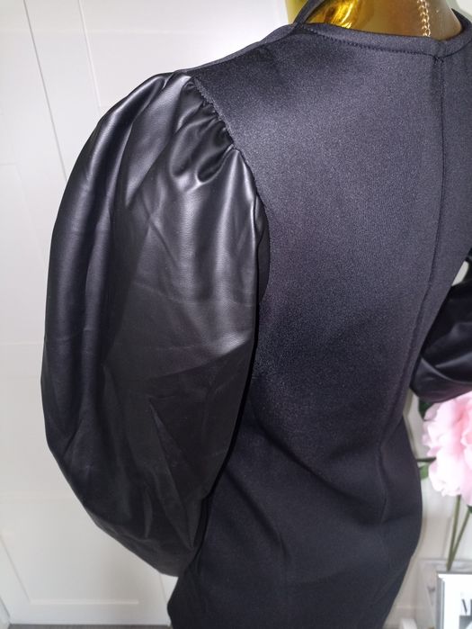 Nowa klasyczna mała czarna sukienka długie rękawy z Eco skóry R.36/38