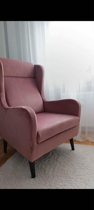 Fotel uszak welurowy, brudny róż, styl Boho/Glamour/Skandynawski