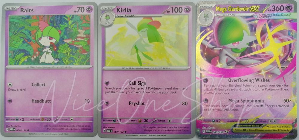 MEG (Mega Evolution) | Ralts 058/132 (Common) + Kirlia 059/132 (Common) + Mega Gardevoir ex 060/132 (Double Rare) | Oryginalne karty Pokemon TCG