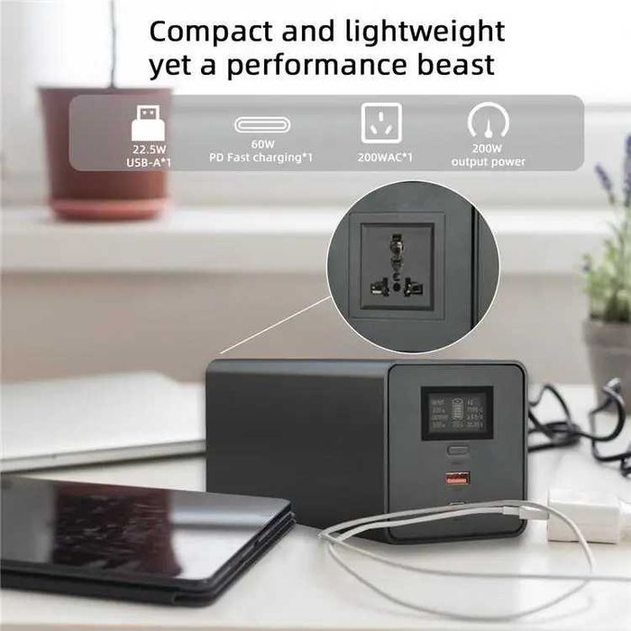 Зарядна станція для ноутбуків ETU200F 60000 mAh 60W PD, розетка 220В 200Вт