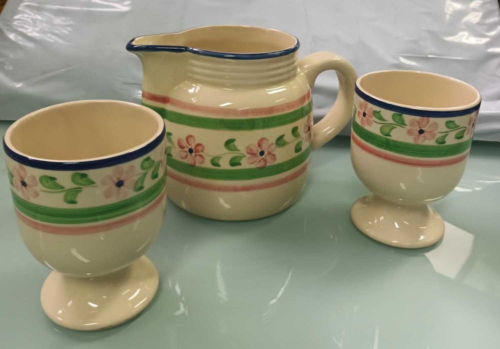 Conjunto de Jarro e 5 Copos em Cerâmica Vintage Pintado á MaoPintado á