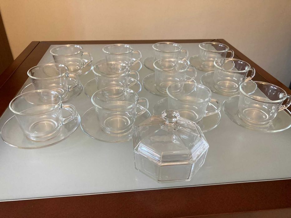 Komplet Zestaw 12 Filiżanek Talerzyki Cukiernica Duralex Bezbarwny