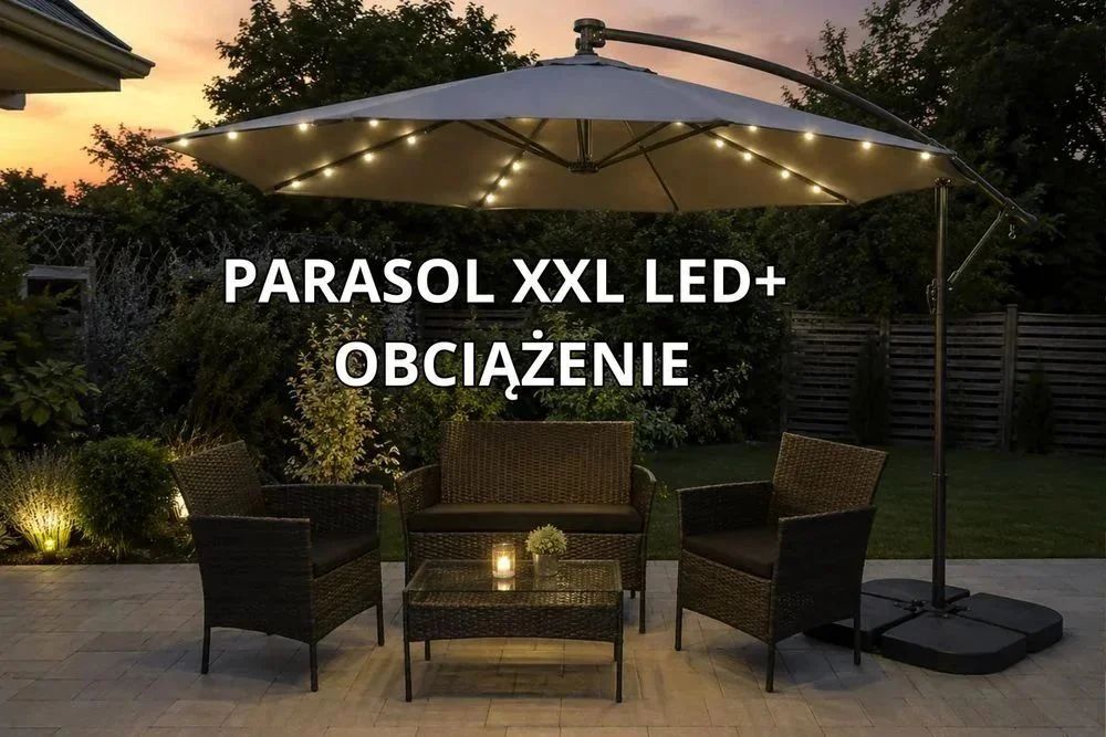 NOWY Parasol Ogrodowy 300 cm Duży XXL Szary Z Lampkami LED Solidny Składany Z Pokrowcem Metalowy Stalowy Z Obciążnikiem Obciążenie Pod Parasol OKAZJA!