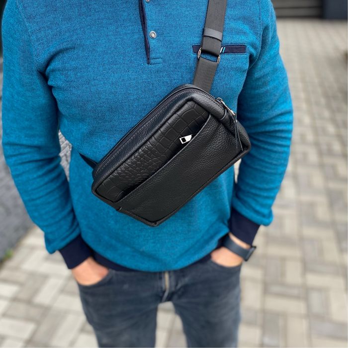 Шкіряна сумка чоловіча нагрудна месенджер CUBE croco