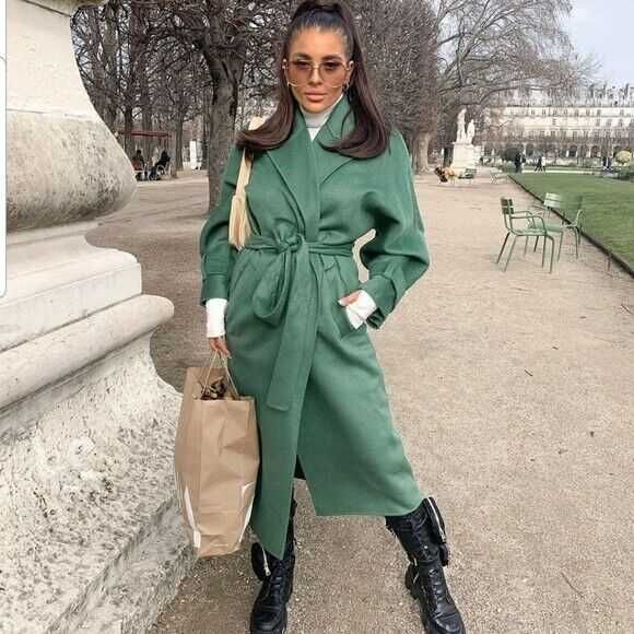 Płaszcz Zara zielony wełna wełniany wiązany paskiem rozm M