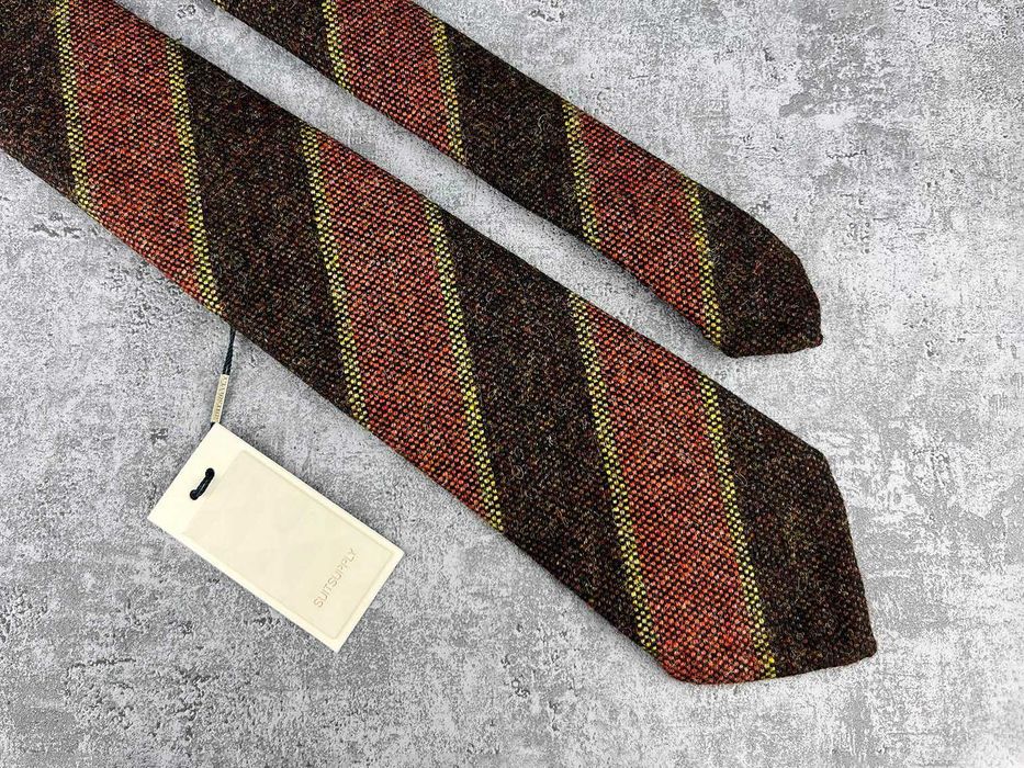 Nowy wełniany krawat SuitSupply regimental brąz bordo czerwony wełna