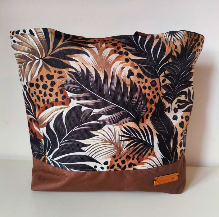 Torba shopper Hand Made brązowa monstery paproć cętki panterka
