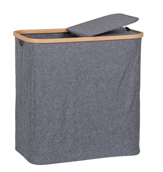 Cesto roupa suja bambu e tecido cinza