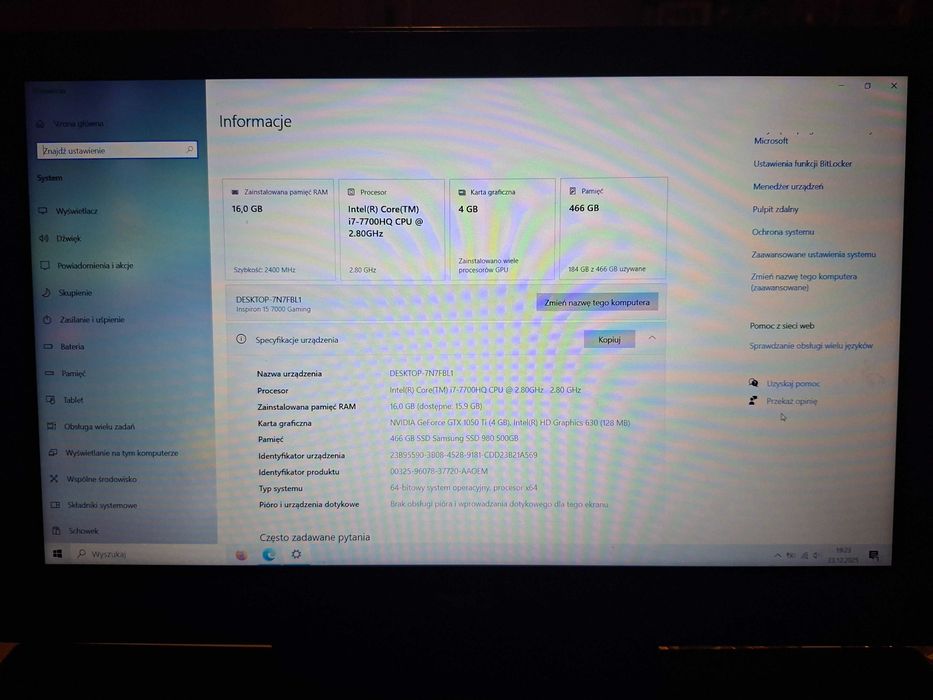 Sprzedam laptop dell inspiron 7567