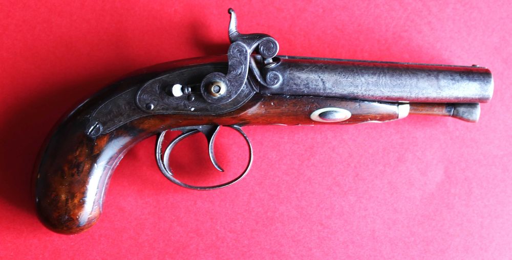 Soberba pistola de percussão dois canos Webster, Melton UK