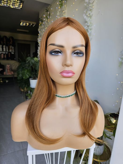 Długi topper tupet damski bursztyn 55 cm z grzywką Julia