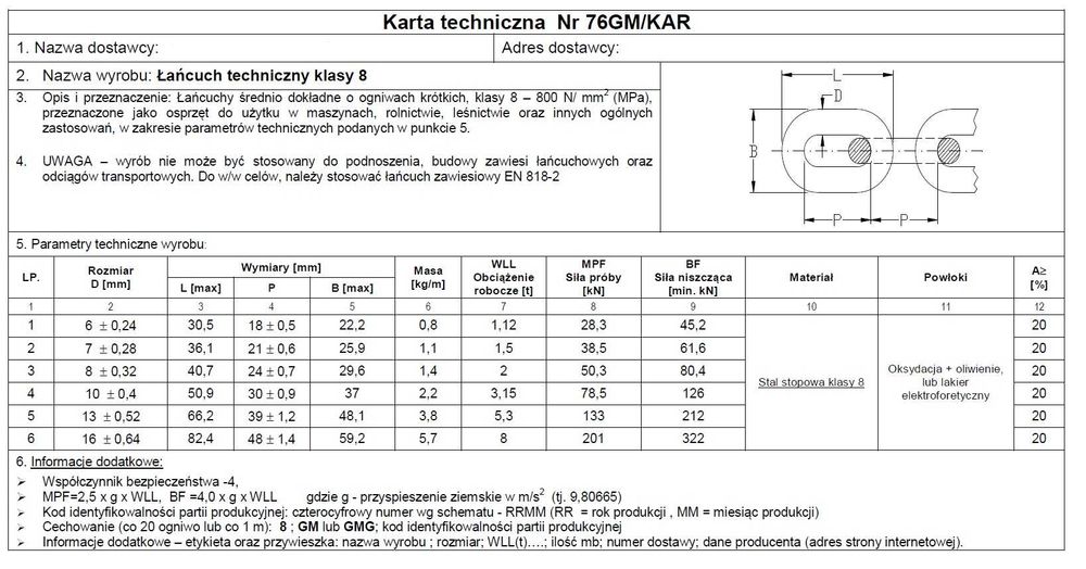 Łańcuch do FREZOWANIA KOMINÓW techniczny KL. 8 6mm