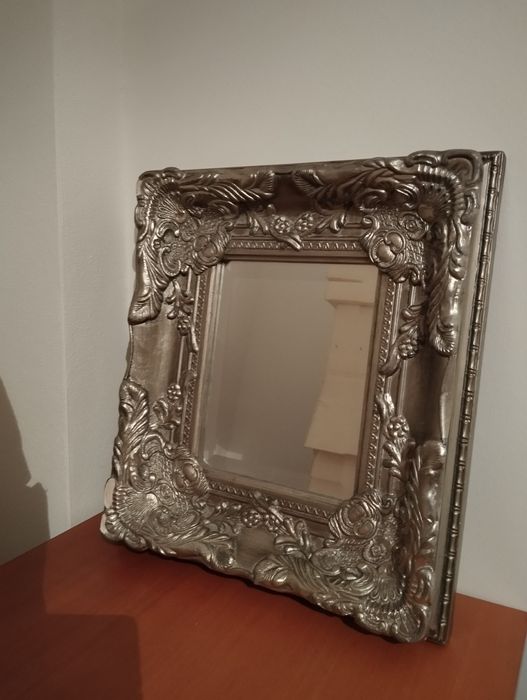 Espelho com Moldura em Madeira Prateado Vintage