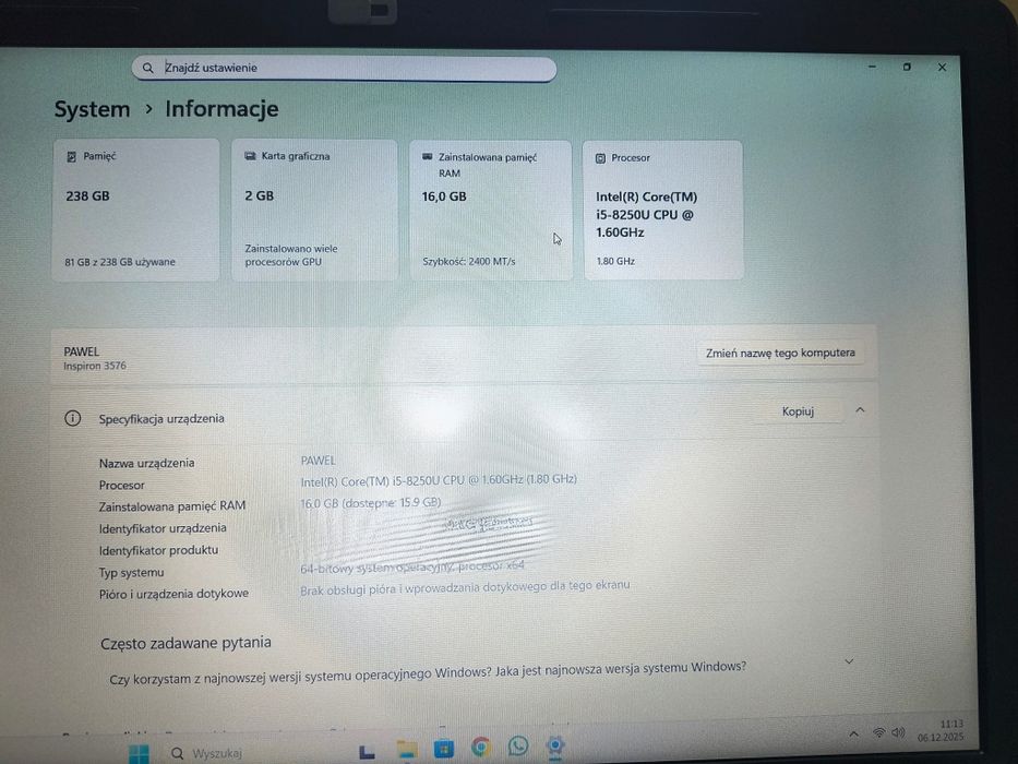 Inspiron 15 3576 (i5-8gen, 16 GB RAM, FH) - używany w świetnym stanie