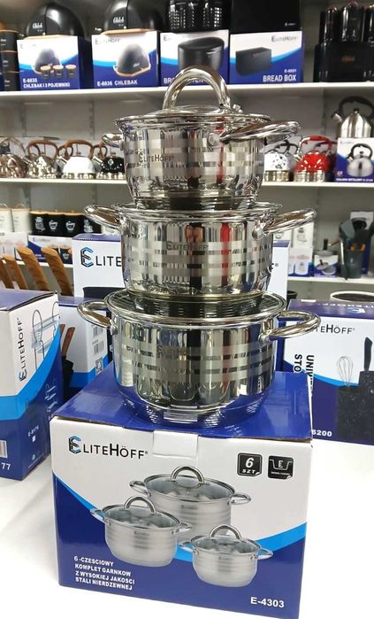 3szt Garnki kuchenne do indukcji EliteHoff E-4303 6el. Grube dno