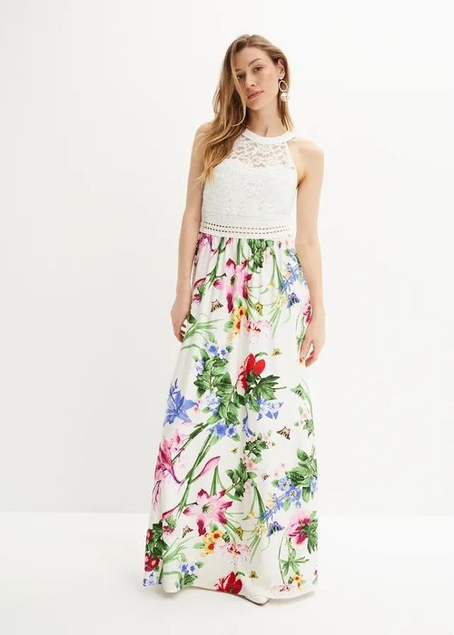 B.P.C długa sukienka maxi z koronkową górą i ażurowym paskiem 36.