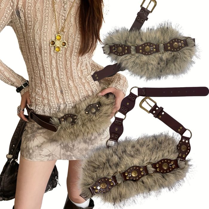 Ремень с Мехом Jaded London Коричневый пояс y2k Harajuku Пушистый