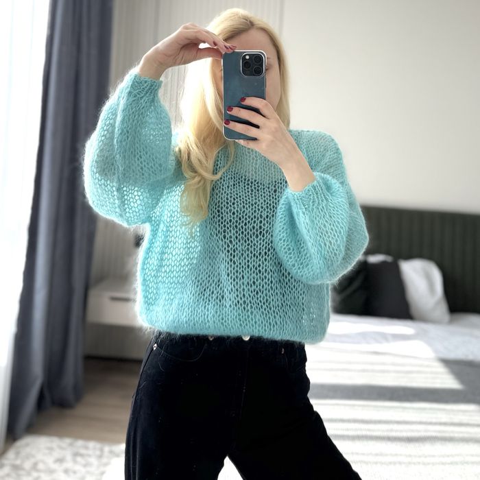 Светр павутинка хмаринка жіночий мохеровий бірюзовий оверсайз вовна