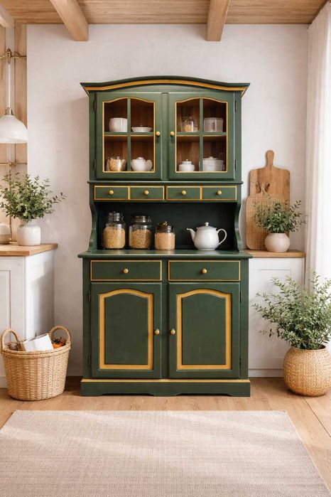 050326 Wąski kredens sosnowy w kolorze butelkowej zieleni